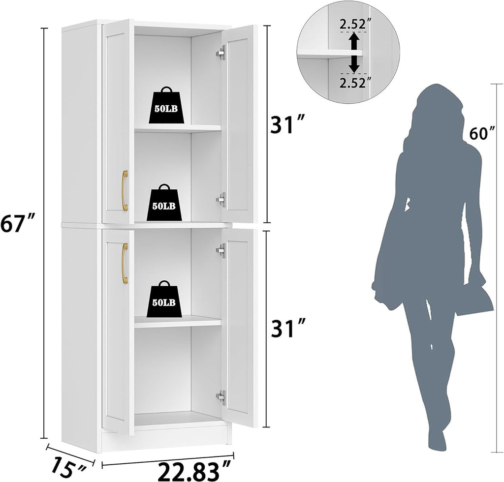 Pantry - Kitchen Pantry Cabinet with 4 Doors and Adjustable Shelves, Tall Black Cabinet Freestanding Storage Cupboard for Dining Room Living Room, Laundry, Bathroom (Black)