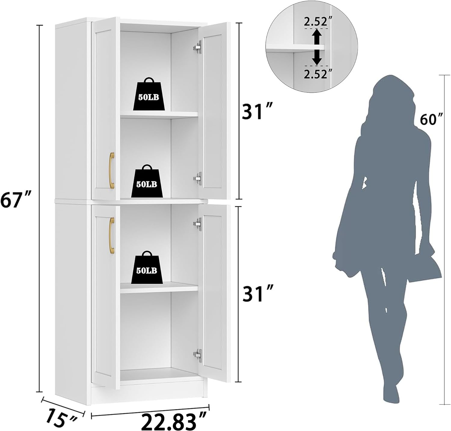 Pantry - Kitchen Pantry Cabinet with 4 Doors and Adjustable Shelves, Tall Black Cabinet Freestanding Storage Cupboard for Dining Room Living Room, Laundry, Bathroom (Black)