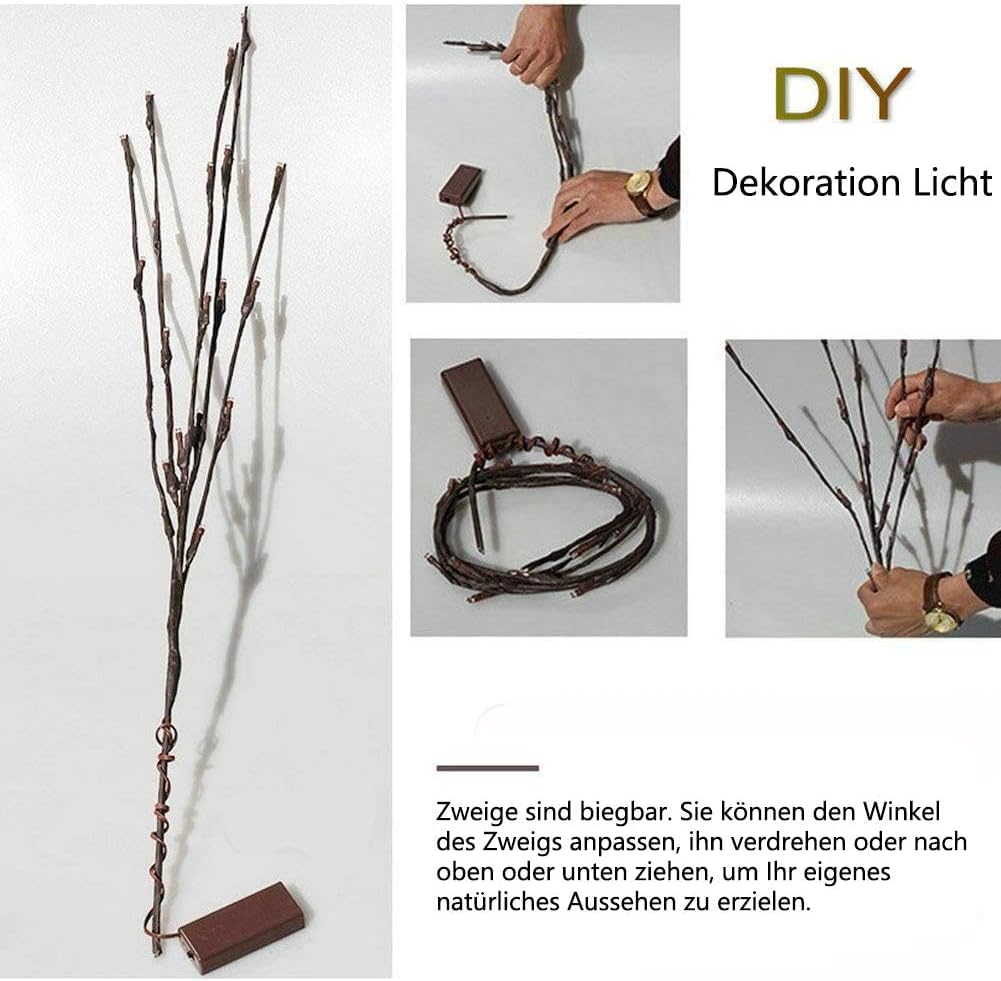 DK177 2 Pack Led Branch Light Battery Operated Lighted Branch Vase Filler Willow Tree Artificial Little Twig Power Brown 30 Inch 20 LED for Home Outdoor Indoor Romantic Decoration, White Light