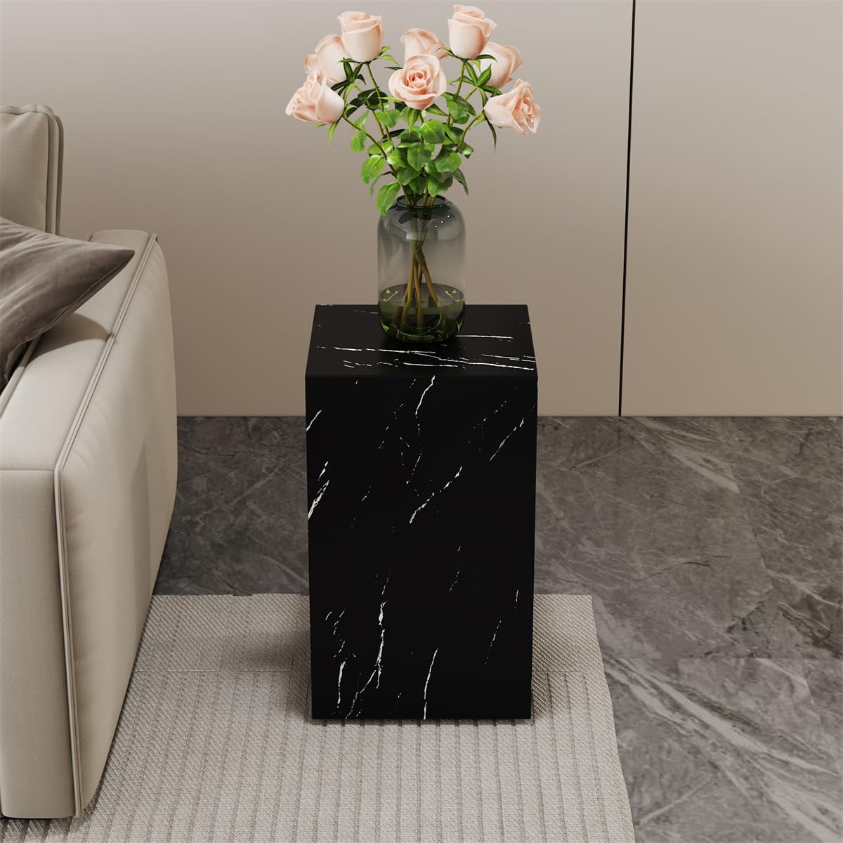 Round Coffee Table, 23.6" Modern Grey Faux Marble Drum Coffee Table, Round Accent Center Table for Living Room Apartment Small Spaces, No Assembly Required
