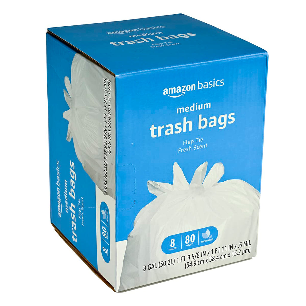 Amazon Basics 8 Gallon Flap Tie Trash Bags, Fresh Scent, 80 Count