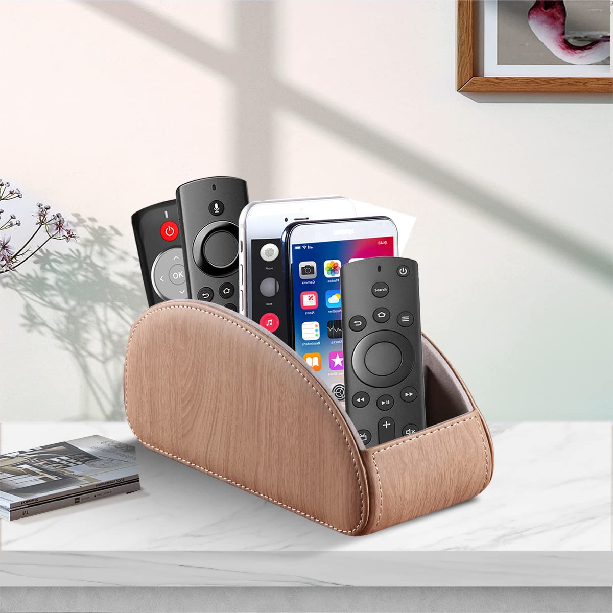 YAPISHI All-in-One Leather Brown TV Remote Holder with 5 Compartments Nightstand Desktop Media Player Remote Caddy Storage Box Organizer Tray for Mobile Office Phone Controller