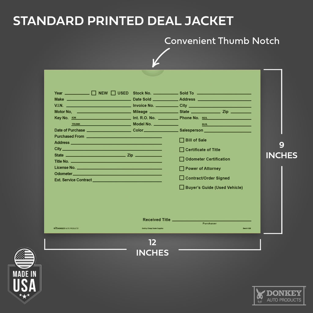 Printed Vehicle Deal Envelopes 9x12 Deal Jackets (100 shrink wrapped) (Blue)