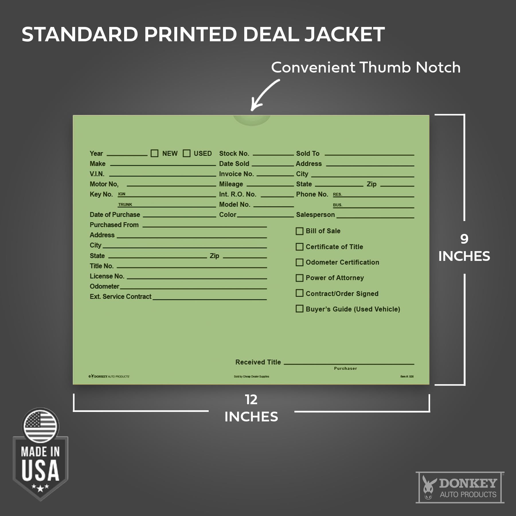 Printed Vehicle Deal Envelopes 9x12 Deal Jackets (100 shrink wrapped) (Blue)