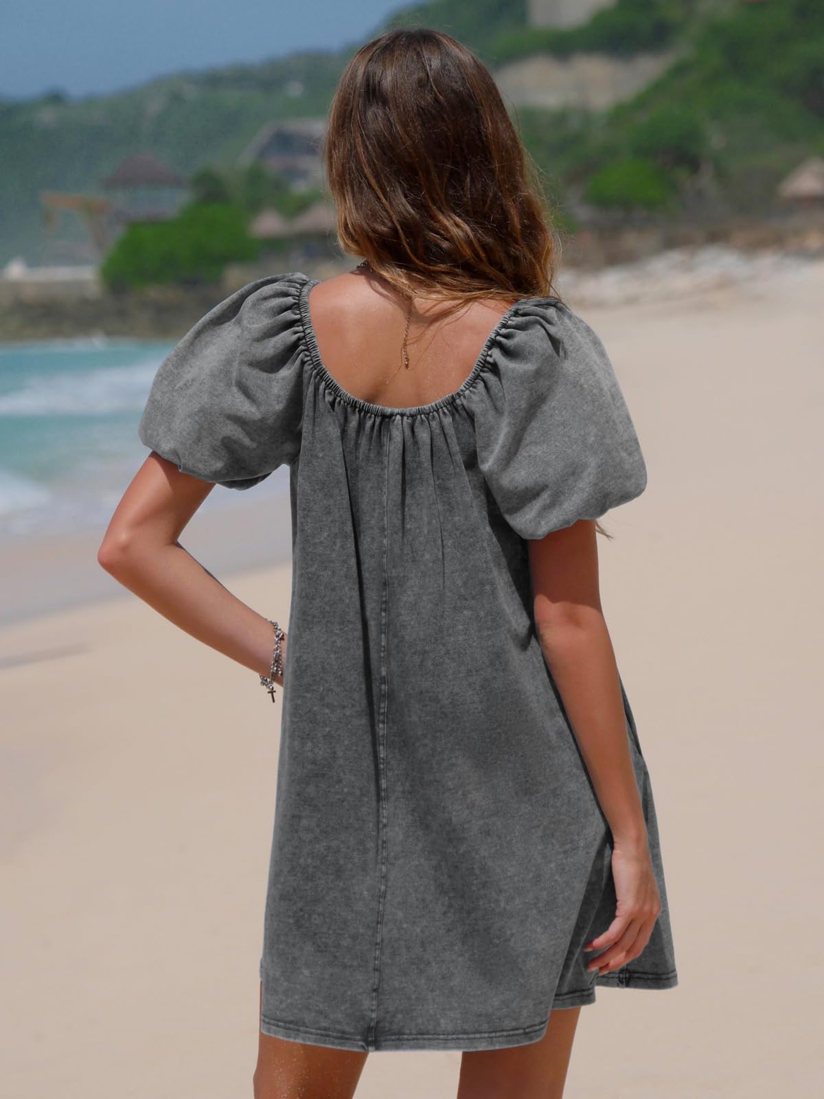 EXLURA Womens Summer Denim Short Puff Sleeve Dresses Knit Loose Plus Size Short Mini Dress 2026 Trendy Spring Outfits