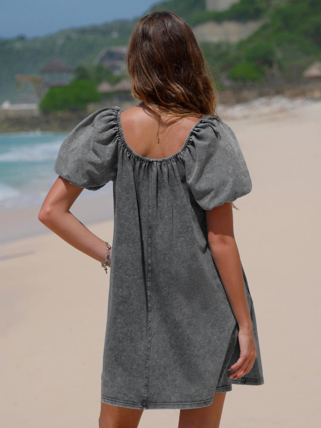 EXLURA Womens Summer Denim Short Puff Sleeve Dresses Knit Loose Plus Size Short Mini Dress 2026 Trendy Spring Outfits