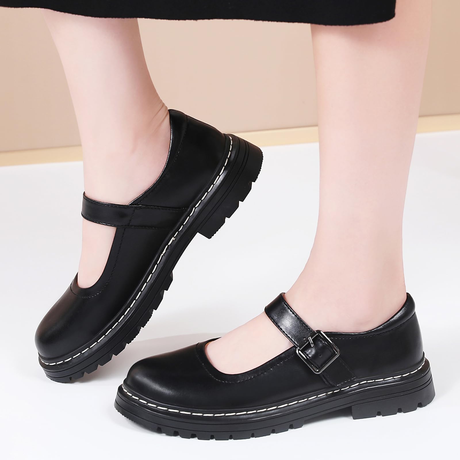 Mary Jane Shoes Women Platform Non-Slip Classics Round Toe Ankle Strap Comfort Casual Oxford Dress Work Mary Jane Flat Shoes