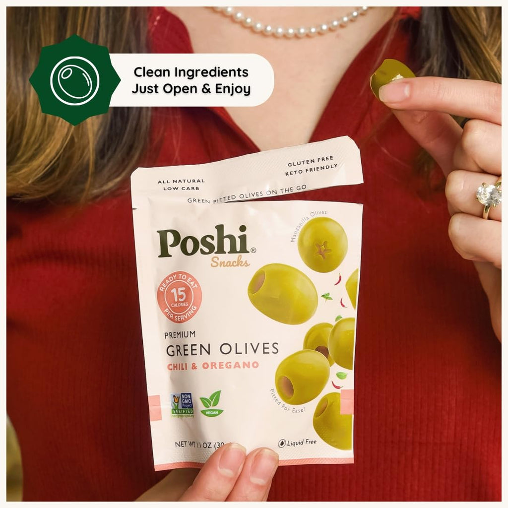 POSHI Green Pitted Olives - Basil & Garlic | Vegan, Kosher, Gluten Free + Keto Friendly, Fresh, Low Calorie Healthy Snacks | (30 Pack, 1.1oz Bags)