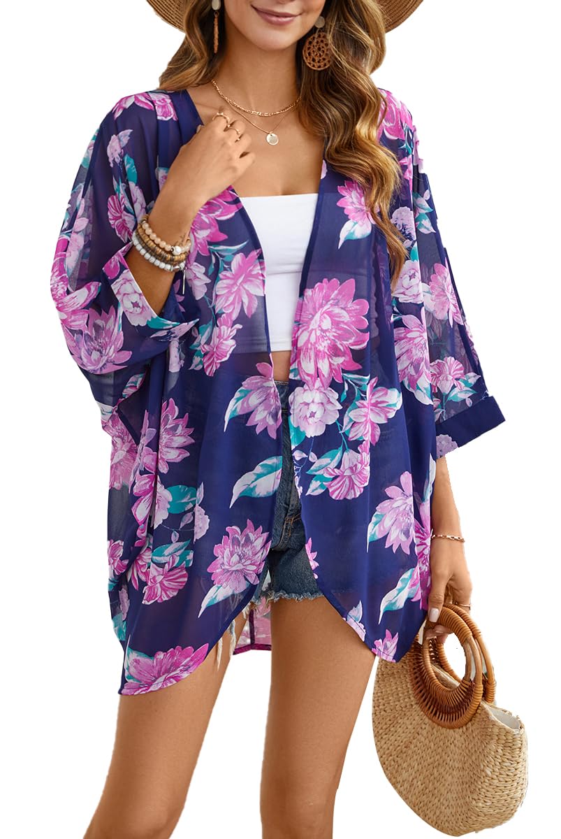 olrain Women's Floral Print Sheer Chiffon 3/4 Bat Sleeve Casual Loose Kimono Cardigan Capes