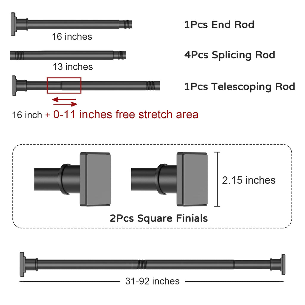 UIOSANRT Tension Shower Curtain Rod 31-55 Inches Non-Slip Shower Rod Tension Mounted No Drill Black Shower Curtain Rods Spring Tension Rod Adjustable Tension Curtain Rod for Windows Bathroom