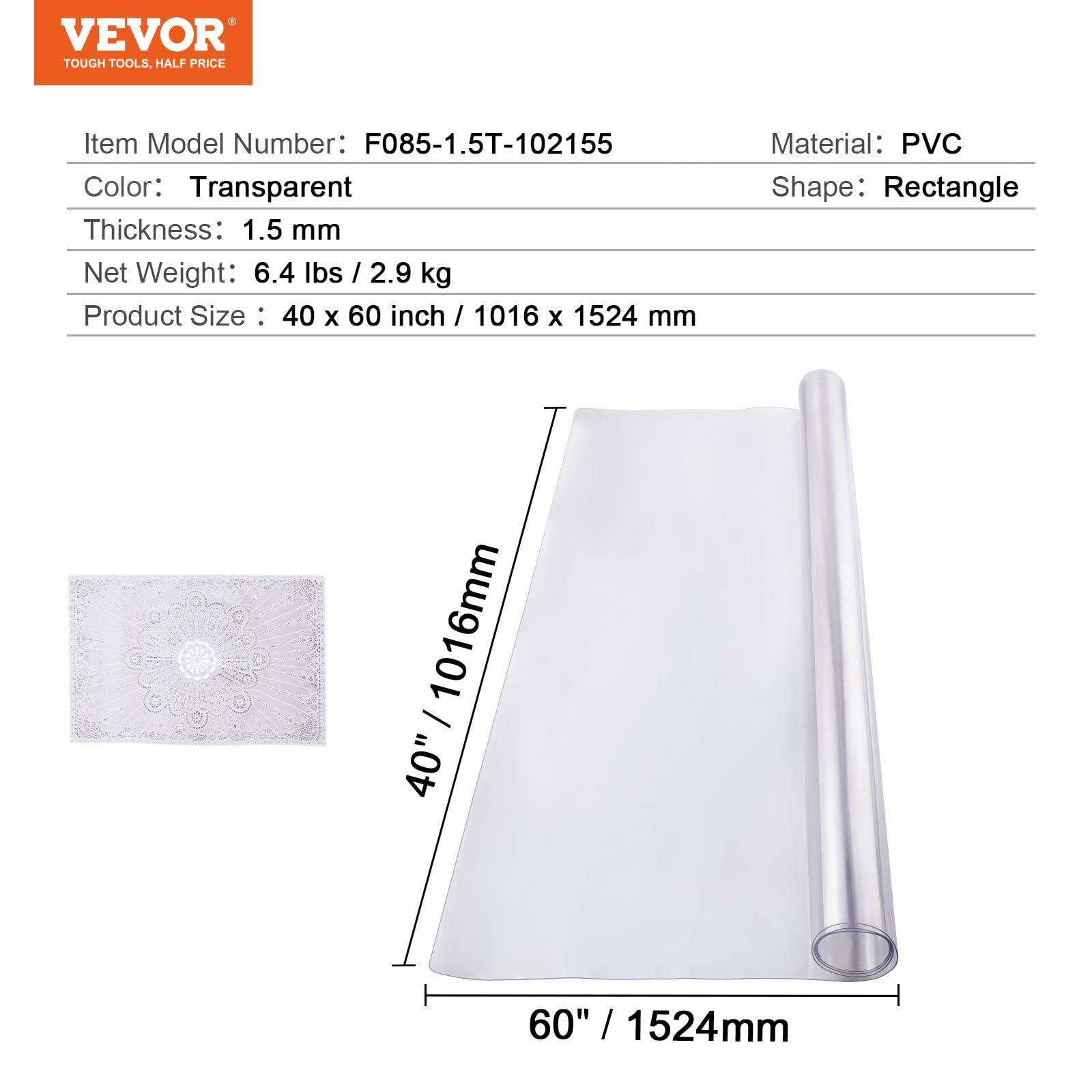 VEVOR Clear PVC Square Tablecloth, 12" x 12", 1.5mm Thick, Waterproof, Stain Resistant, Durable, Desk, Coffee Table, Dining Room Table