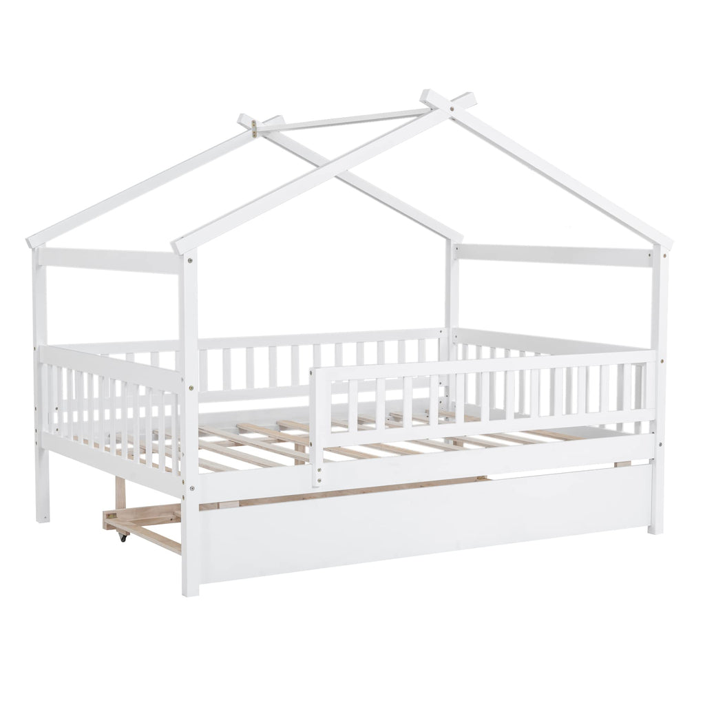 Merax Twin Size Wooden House Bed with Two Drawers, Wood Bed Frame with Roof for Kids, Teens, Boys or Girls, Grey