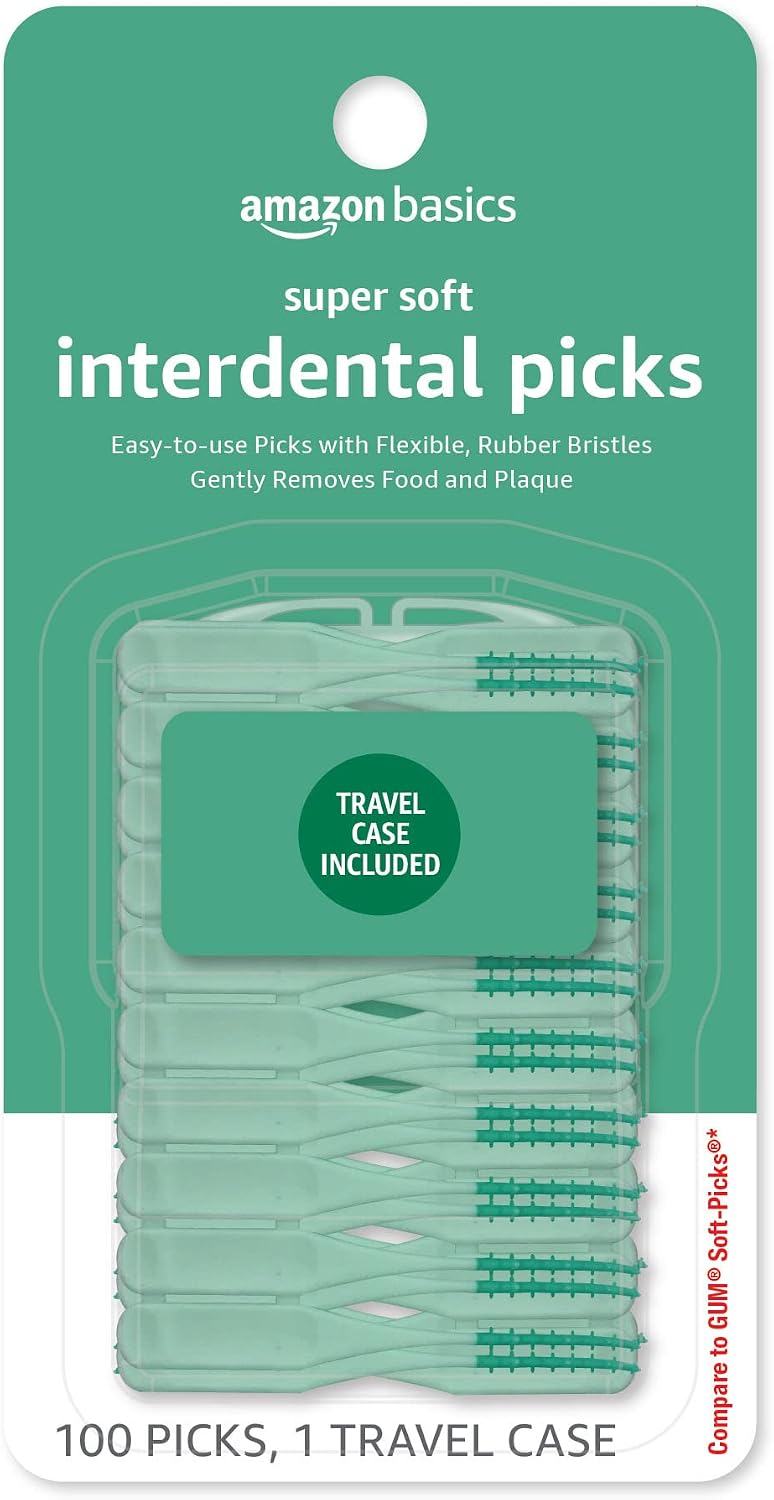 Amazon Basics Super Soft Interdental Picks for Plaque Remover and Teeth Cleaning, Easy to Use with Travel Case Included, 100 Count