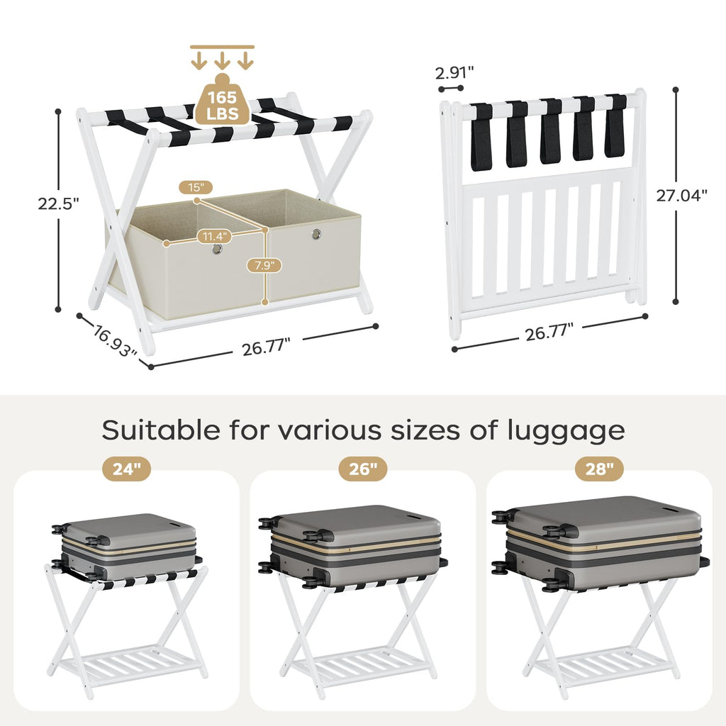 oakvivo Fully Assembled Black Luggage Rack for Guest Room, Bamboo Foldable Suitcase Stand with 5 Nylon Straps, Upgraded Luggage Rack Holder with Shelf for Bedroom Hotel, Holds up to 165 Lbs, 1pcs