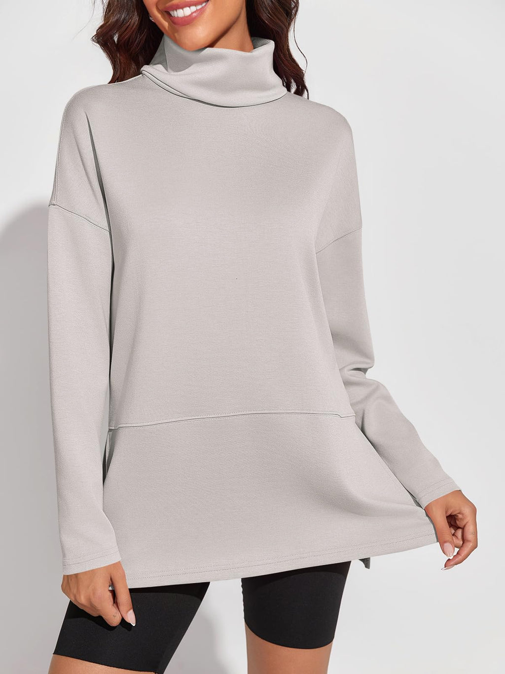 Fisoew Women's Turtleneck Oversized Sweatshirt Casual Long Sleeve Loose Side Slit Pullovers Tunic Tops