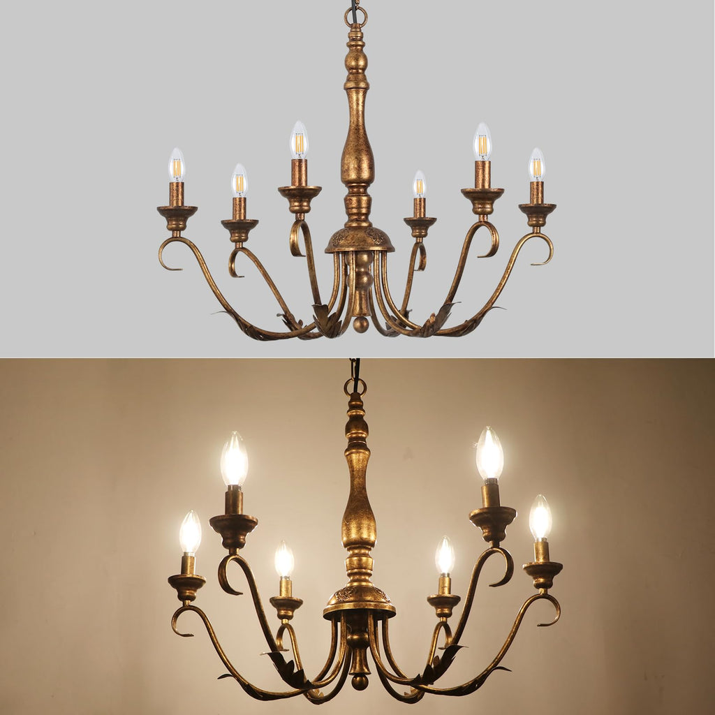 6-Light Farmhouse Chandeliers for Dining Room, 23.62'' Vintage Brass Gold Chandelier, Adjustable Rustic Metal Hanging Pendant Light Fixture for Kitchen Island Entryway Foyer Bedroom Hallway
