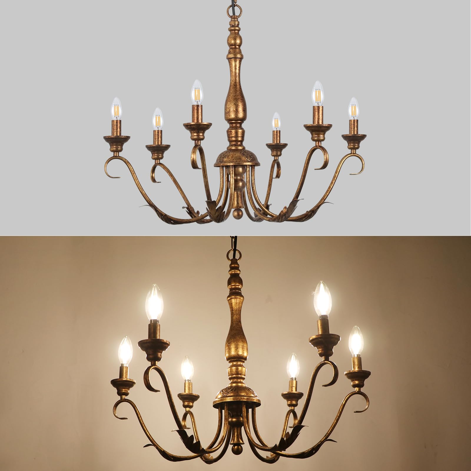 6-Light Farmhouse Chandeliers for Dining Room, 23.62'' Vintage Brass Gold Chandelier, Adjustable Rustic Metal Hanging Pendant Light Fixture for Kitchen Island Entryway Foyer Bedroom Hallway