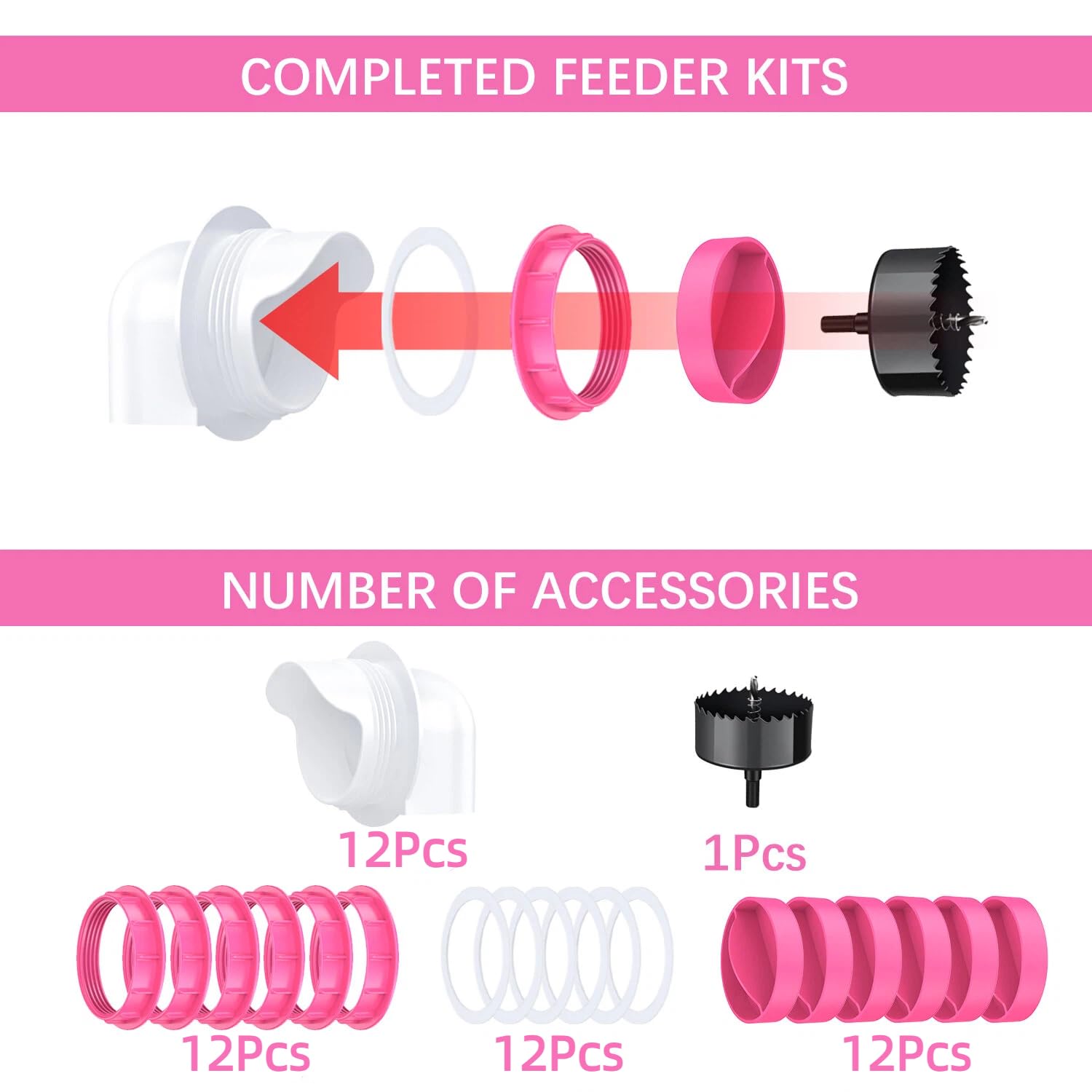 Chicken Feeder Port, 6 Pack Chicken Feeders No Waste with 6 Lids 1 Drill Bit, DIY Automatic Poultry Feeder Cups Kit, Chicken Bucket Feeder for Barrels (White)