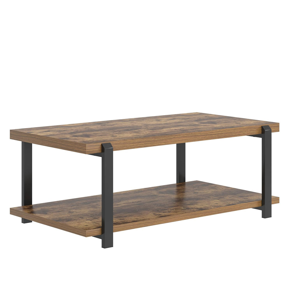 FOLUBAN Black Coffee Table, Modern Rustic Wood Center Table with Storage for Living Room, Industrial Rectangle 2 Tier Cocktail Tea Table, Black Oak