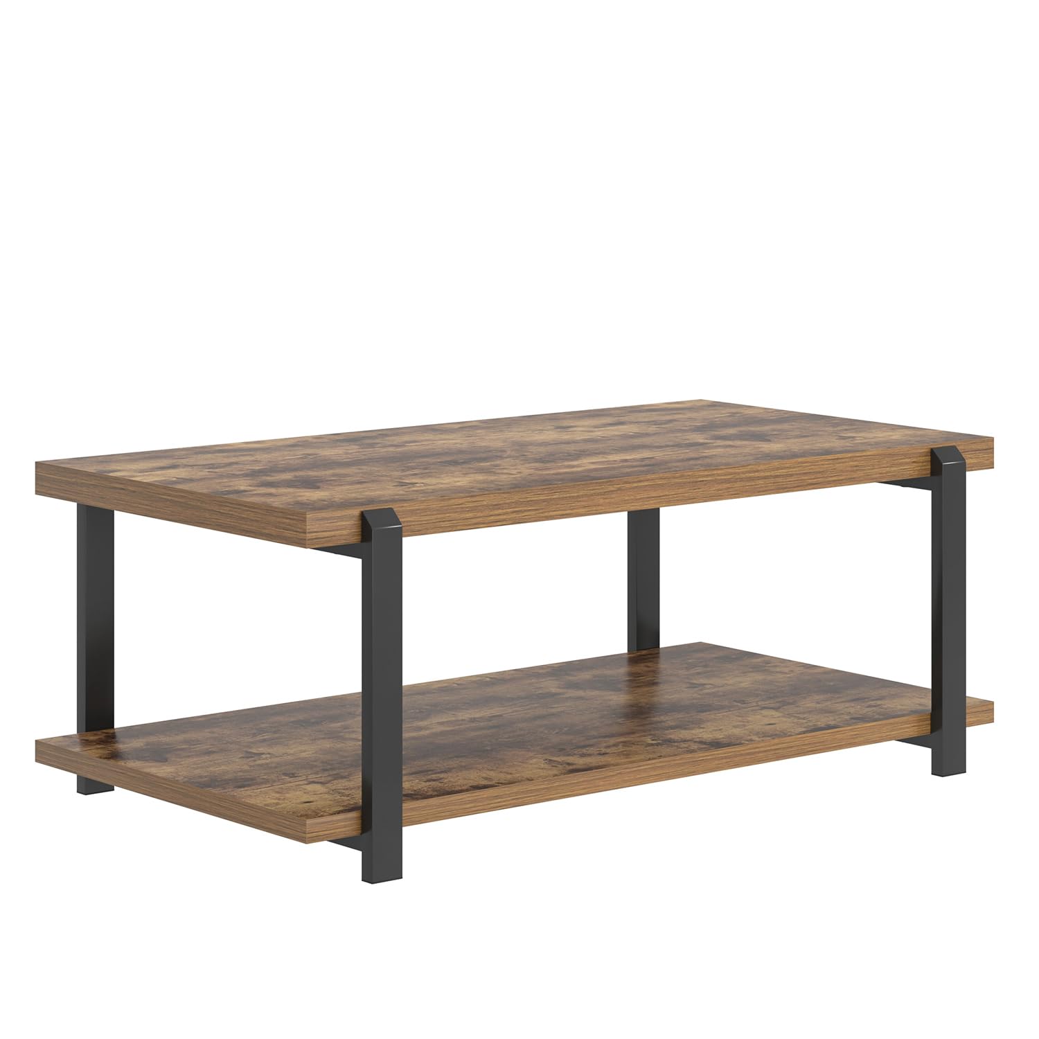 FOLUBAN Black Coffee Table, Modern Rustic Wood Center Table with Storage for Living Room, Industrial Rectangle 2 Tier Cocktail Tea Table, Black Oak