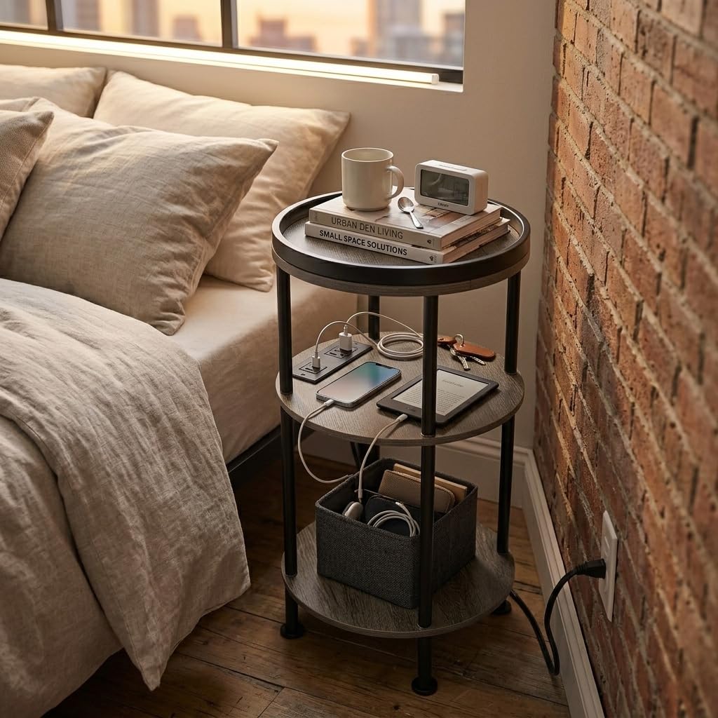 Small Round Side Table with Charging Station for Small Spaces, 3-Tier Accent Table with USB Ports & Power Outlets, Sofa Corner Tea Table for Living Room Nightstand Bedroom Apartment (Black)