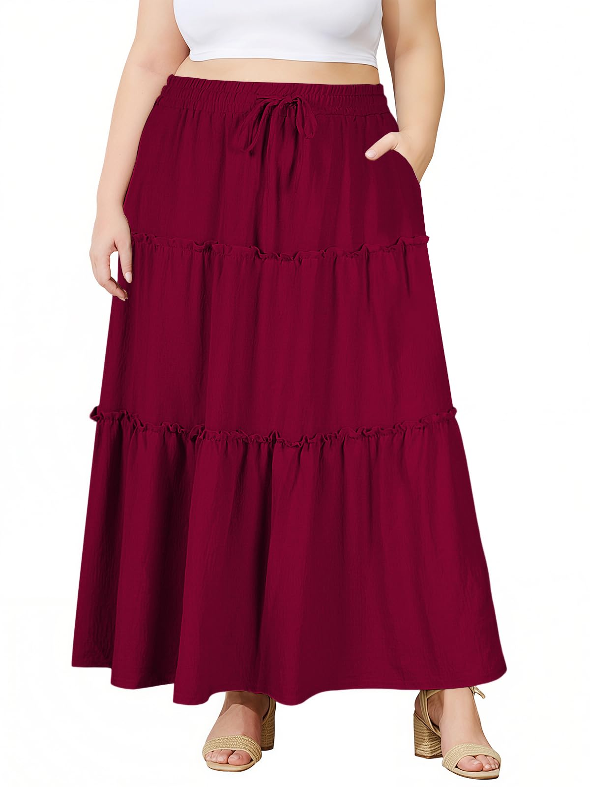 Moon Wood Plus Size Maxi Skirts for Women Trendy Long Flowy Boho Tiered Skirt Renaissance Summer Beach Skirt with Pockets