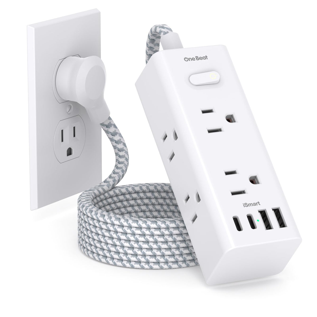 One Beat Short Extension Cord 1Ft, Flat Plug Power Strip Surge Protector - 6 Widely Outlets with 4 USB Ports (2 USB C), Wall Mount Small Power Strip for Travel, Home Office College Dorm Essentials