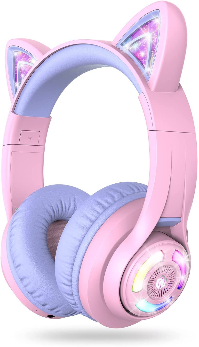 iClever Cat Ear Kids Bluetooth Headphones, LED Lights Up, 74/85dBA Safe Volume Limited, 50H Playtime,Bluetooth 5.2, USB C,Kids Headphones Wireless Over Ear for Travel iPad Tablet, Meow Macaron-Purple