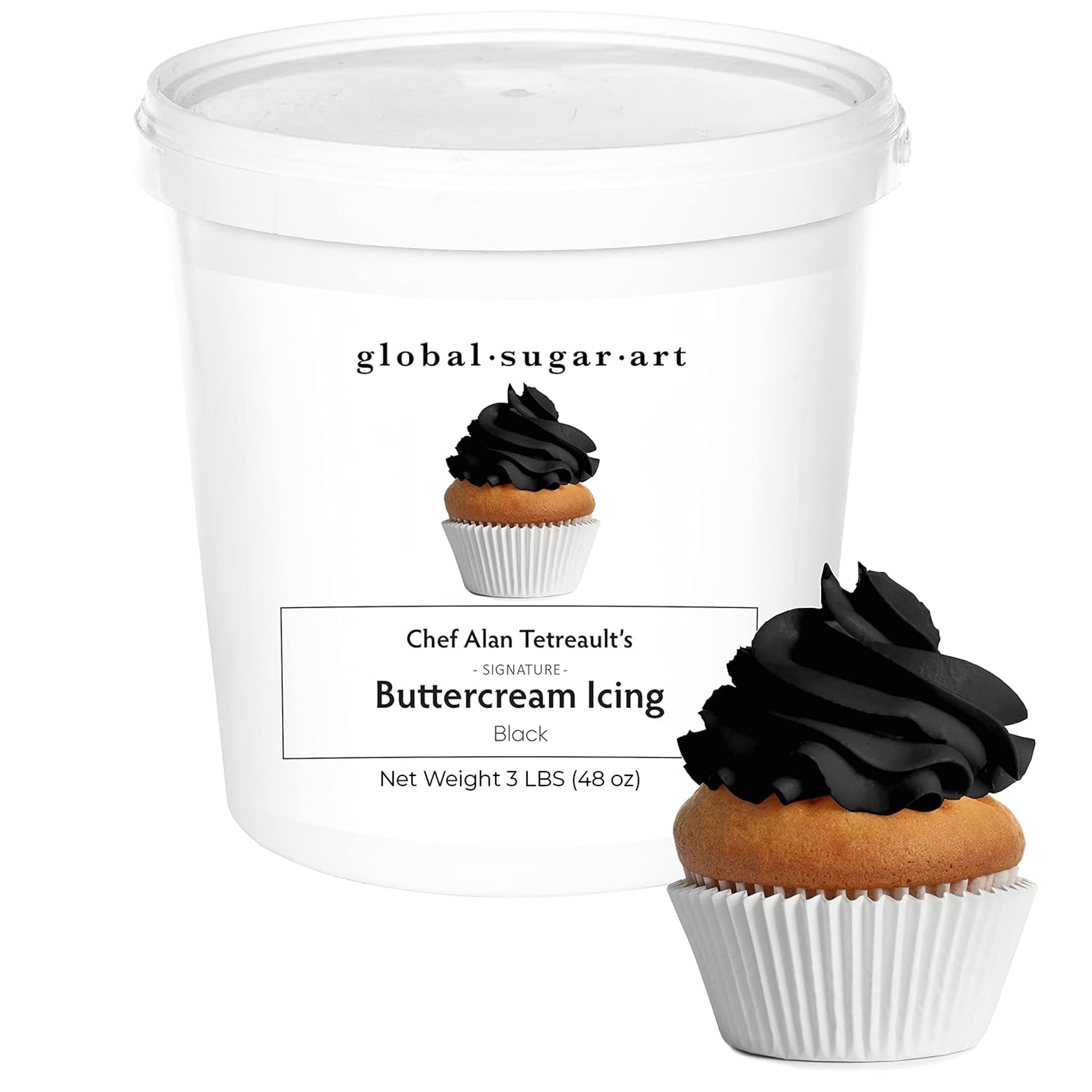 Black Buttercream Frosting for Cake Decorating – Firm Icing for Cakes & Cupcakes, 3 Pound Tub by Global Sugar Art/Chef Alan Tetreault (Midnight Black, 3 Pound)