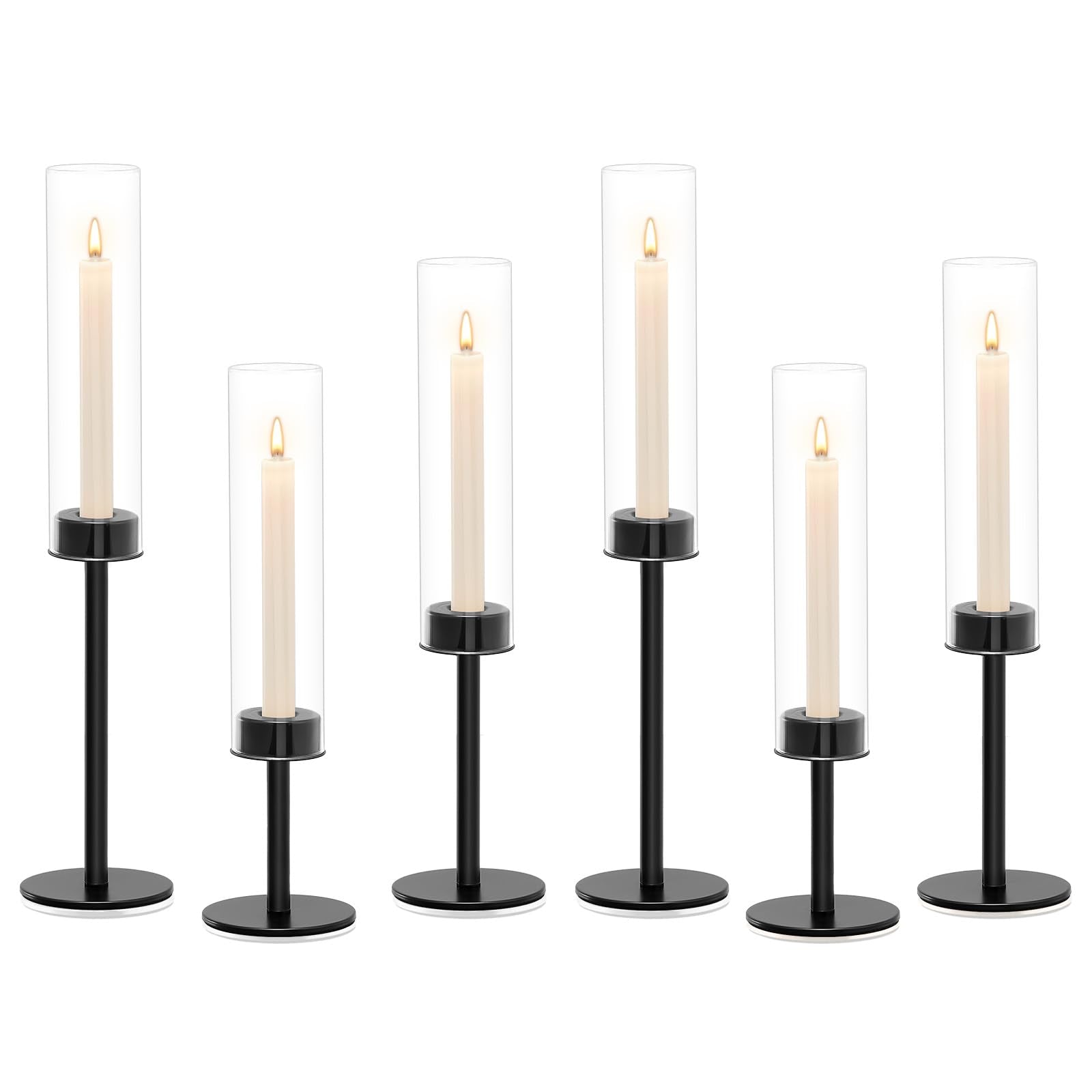 Black Hurricane Glass Candle Holders Set of 3, Tall Metal Taper Candle Stick Holder, Clear Candlestick Holders, Table Centerpieces Decor for Dining Dinner, Weddings, Christmas Fireplace Decorations
