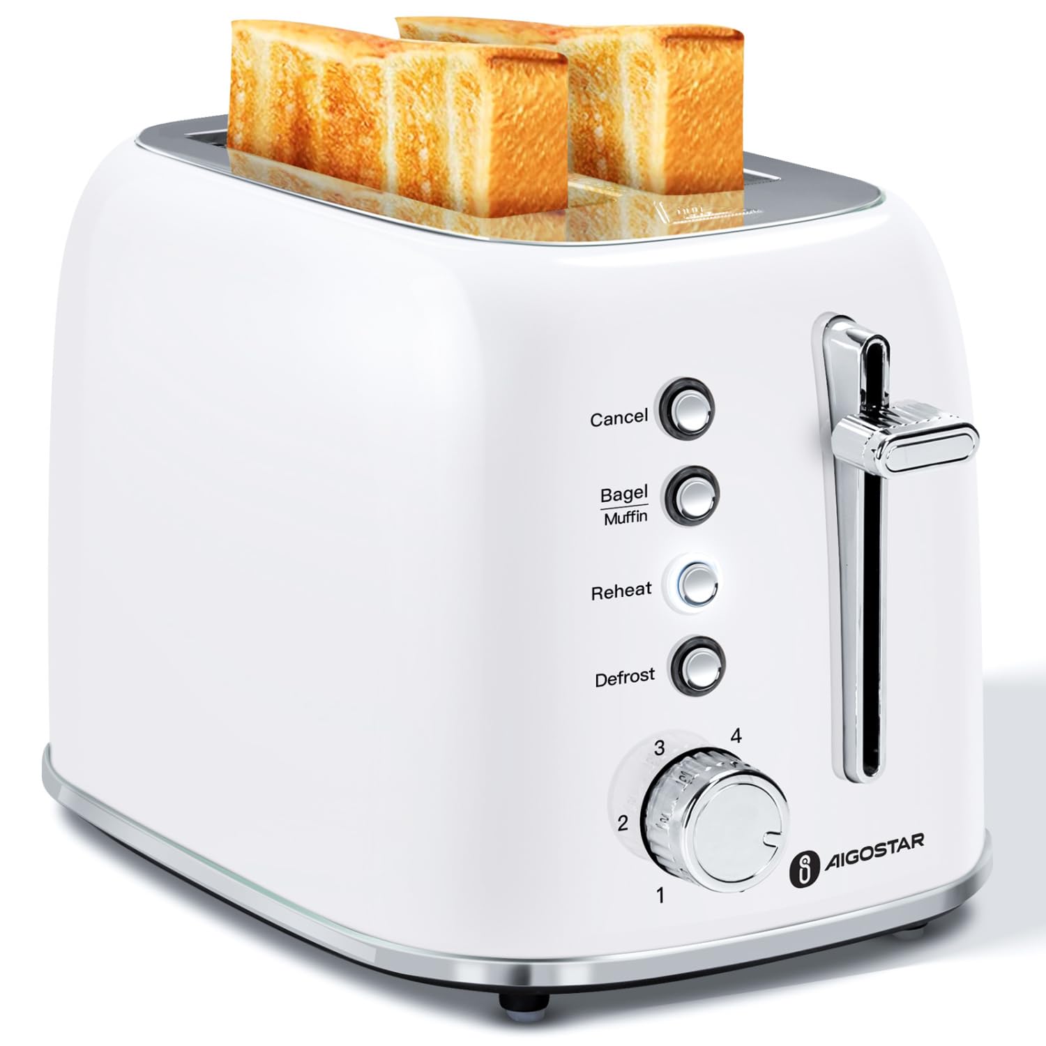 Aigostar Toaster 2 Slice Retro Toaster Stainless Steel, 1.6 inch Extra Wide Slots Bread Toaster Bagel, Cancel, Defrost Function, 6 Shade Settings & Removable Crumb Tray for Bread Waffle, Aqua Green