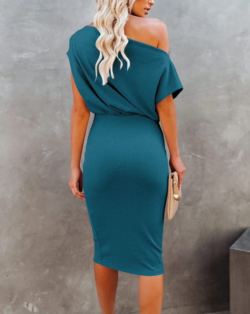 EZBELLE Women's Summer Dress Off The Shoulder Short Sleeve Ribbed Casual Party Bodycon Midi Dresses
