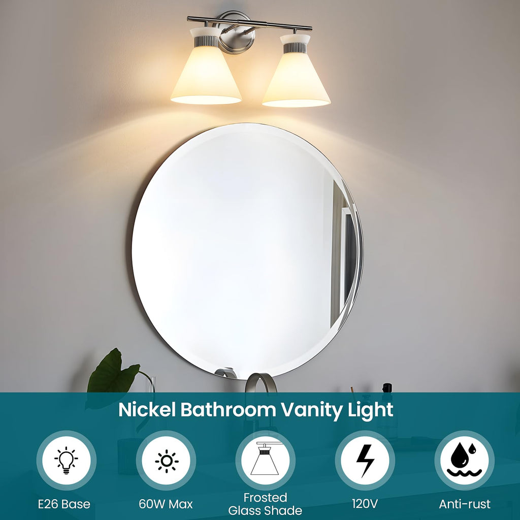 WOSHITU Gold Bathroom Light Fixtures: Modern Vanity Lighting Fixtures 2 Lights for Bathroom Mid Century Vanity Light Sconces Over Mirror with Frosted Milky Glass for Bath Bedroom Makeup