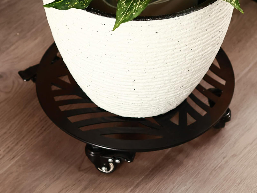 1 Pack 12 inches Large Metal Plant Caddy with 3 PU Metal Wheels Rolling Plant Stand with Casters Indoor Outdoor Wheeled Planter Roller Base Pot Movers Plant Dolly Coaster Trolley Black