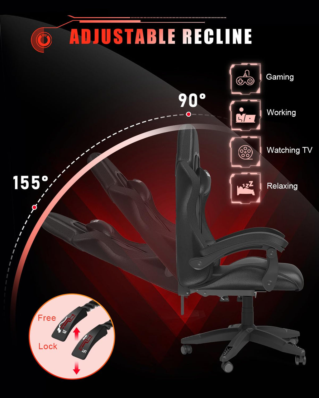 Bigzzia Gaming Chair with RGB LED Lights for Kids & Adults, High Back Ergonomic Computer Gamer Chair with Headrest and Lumbar Support, Racing Style Reclining Game Chair(Black)