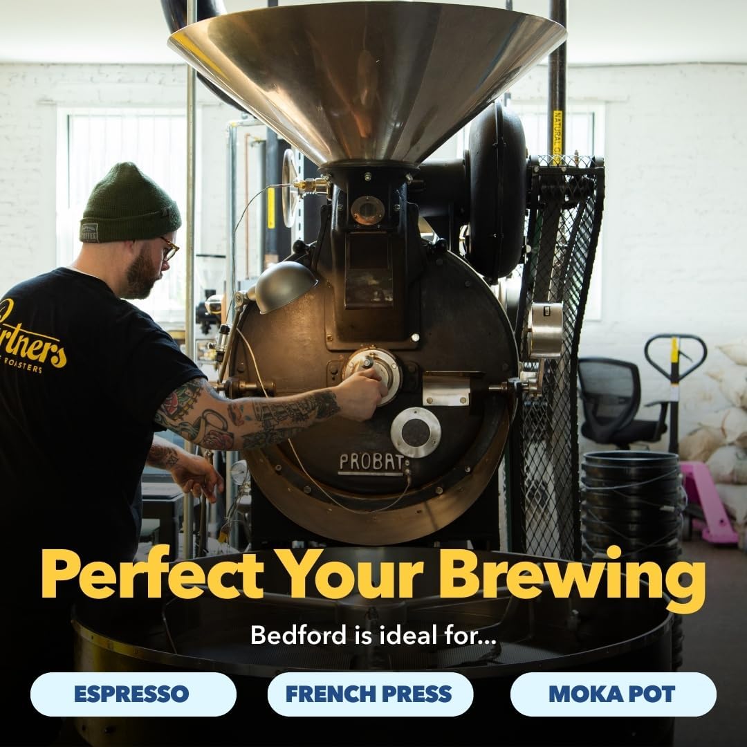 PARTNERS COFFEE ROASTERS - Whole Bean Coffee (Bedford - Espresso, Medium Roast) 12oz - Fruity, Complex, Espresso - Whole Coffee Beans - Lab Tested for Mycotoxins & Heavy Metals - Hand Roasted in NYC