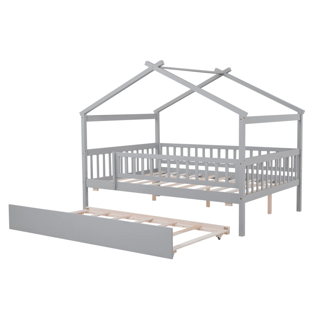 Merax Twin Size Wooden House Bed with Two Drawers, Wood Bed Frame with Roof for Kids, Teens, Boys or Girls, Grey