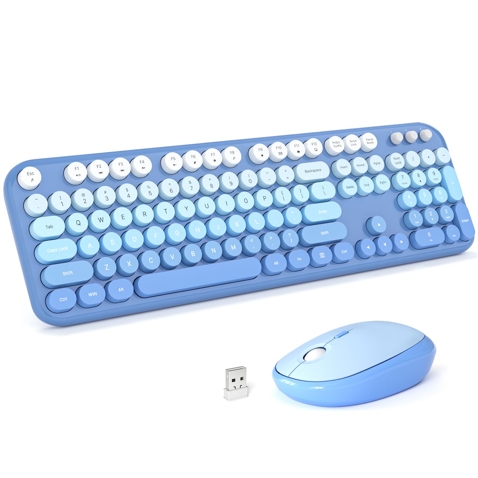 MOFII Wireless Keyboard and Mouse Combo, Compact Typewriter Retro Round Computer Keyboard and Mouse Set, Plug and Play, for Windows, Computer, Desktop, PC, Notebook - Black Green Gradient