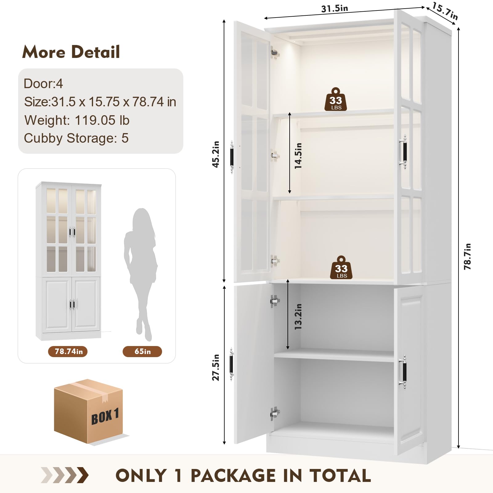 MEISSALIVVE Kitchen Pantry Storage Cabinet with LED Lights, 78.7" Tall with Glass Doors & Drawers, Freestanding Utility Cabinet, Black (31.5" W x 15.7" D)