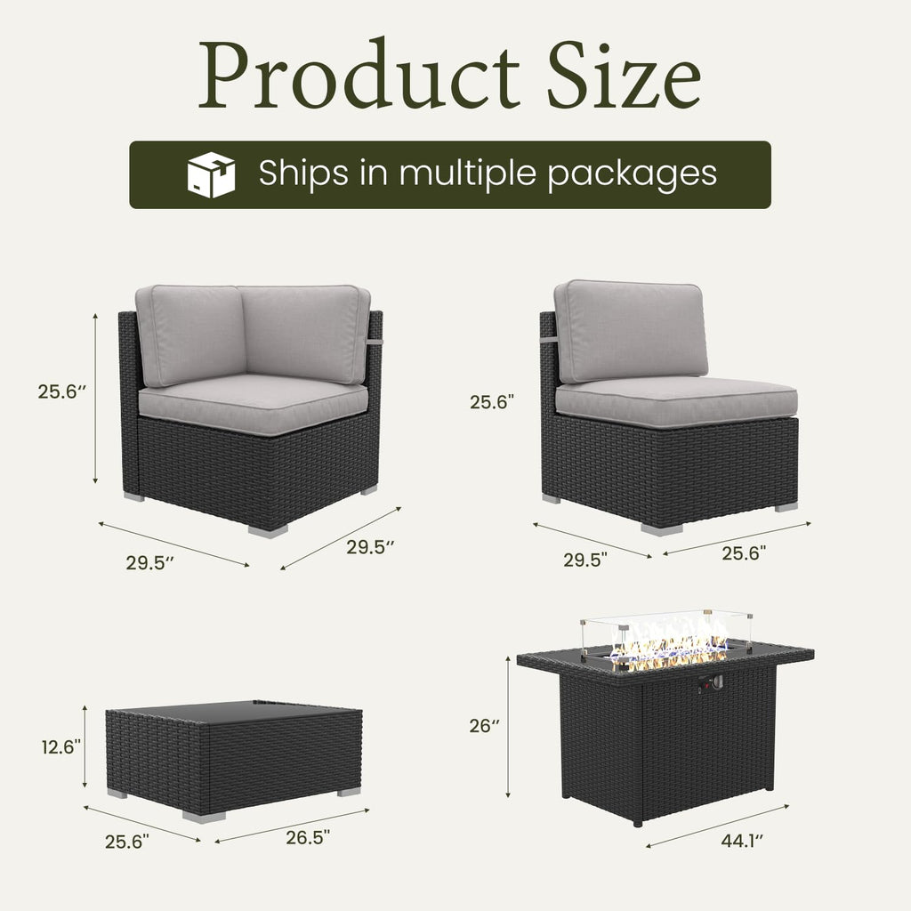 LayinSun 7 Pieces Outdoor Patio Furniture Set with 44" Fire Pit Table Rattan Sectional Sofa Conversation Sets