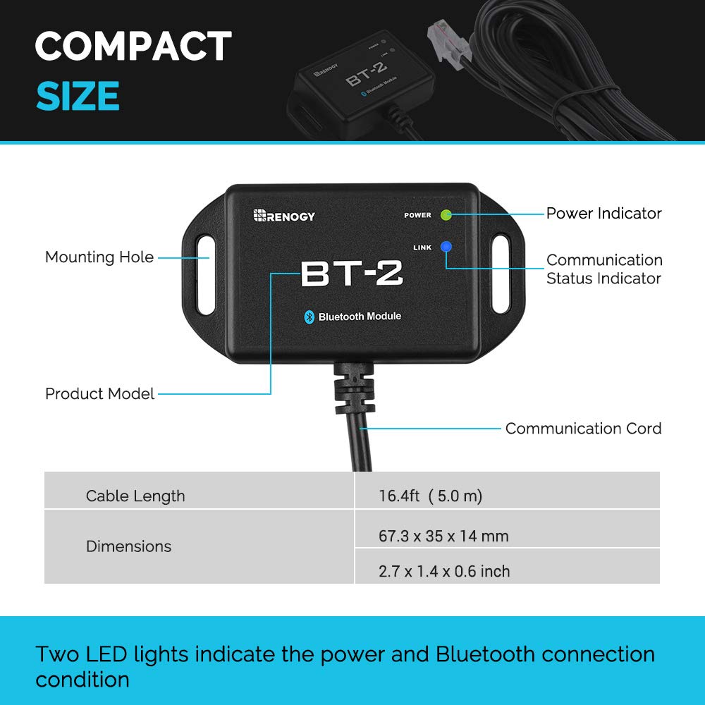Renogy BT-1 Bluetooth Module for PWM Charge Controllers (Wanderer/Adventurer) – RJ12 RS232 Port, Wireless Monitor via DC Home App,IP54