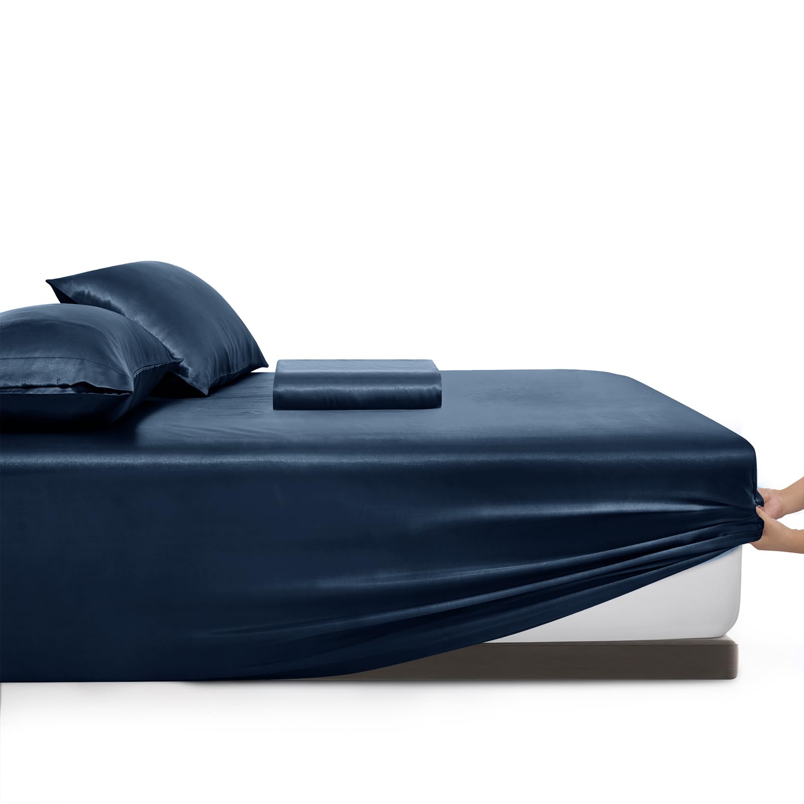 Vonty Extra Deep Pocket Full Sheet Sets - Cooling & Silky Satin Full Size Sheets with 18-24 Inch Deep Pocket, Black Satin Bed Sheets Fit Up to 24" Deep Mattress - 4 Piece Set