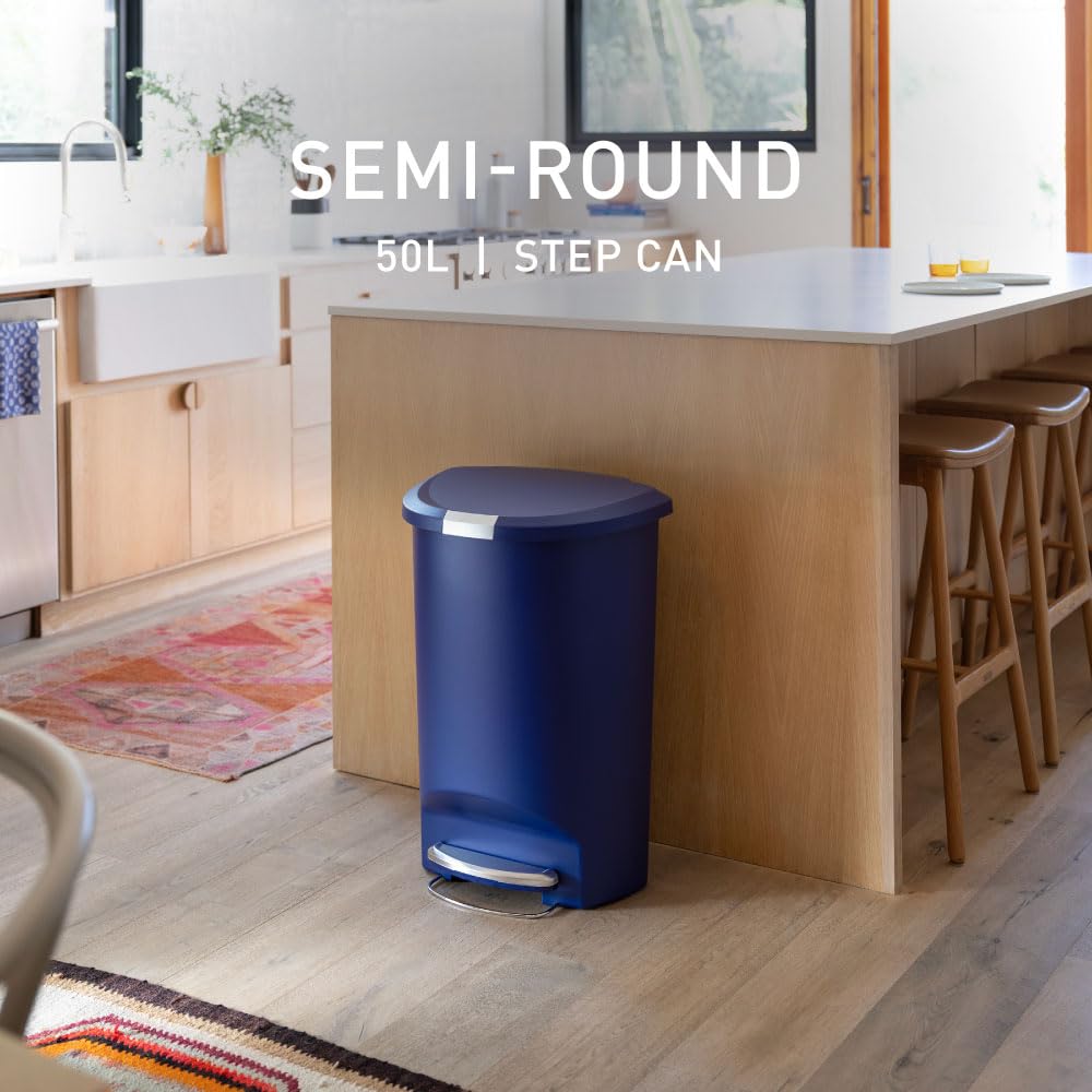 simplehuman 50 Liter / 13 Gallon Semi-Round Kitchen Step Trash Can with Secure Slide Lock, Black Plastic