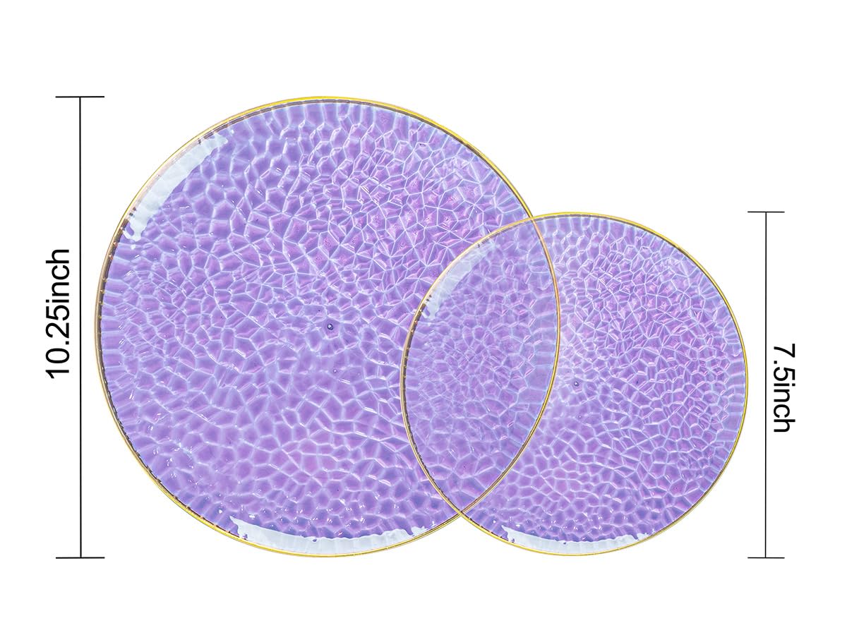 Rubtlamp 100Pcs Amber Gold Plastic Plates, Disposable Plates With Gold Rim, Heavy-duty Party Platos, Hammered Plastic Plates Include 50 Clear Dessert Plates, 50 Dinner Plates for Party