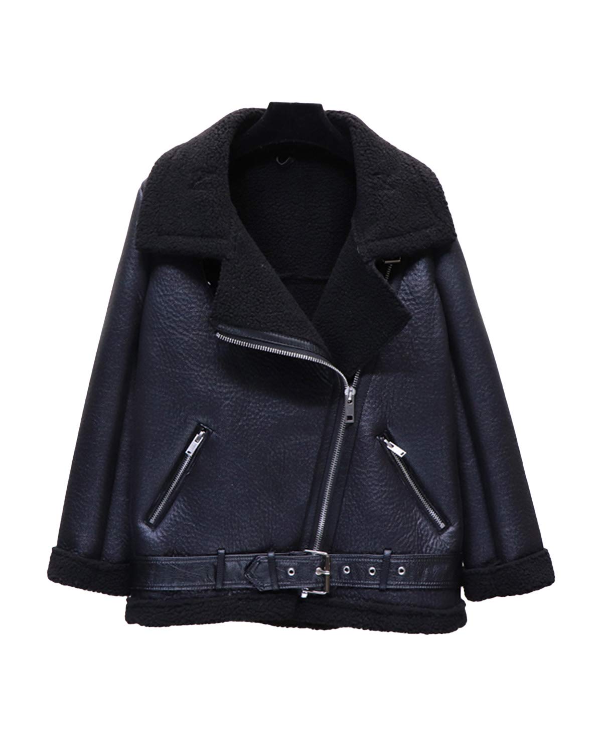 LY VAREY LIN Women's Faux Shearing Moto Jacket Thick Lined Parka Winter Shearling Coat Leather Jacket