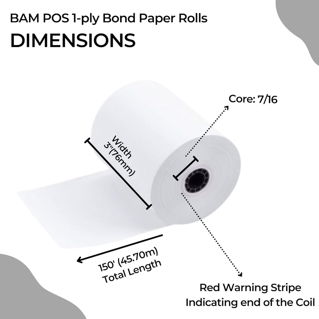 BAM POS 3" x 150' 1ply Bond (Non-Thermal) Receipt Paper Rolls for Kitchen Impact Printers TMU200, SRP275 Star SP700 - Suitable For Printing Kitchen Tickets and Order receipts (12 Rolls Per Case)