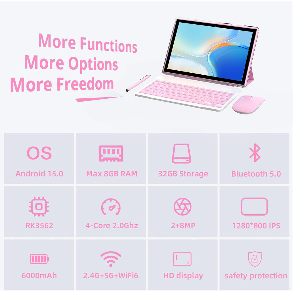 Android 15 | Tabalet with Keyboard | Tablet 10 inch | 2 in 1 Tablet | 8GB+32GB+2TB Expand | 1280 * 800 IPS Touch Screen Computer | 5G WiFi 6, L1 | Long Battery Life Tablet （Black）