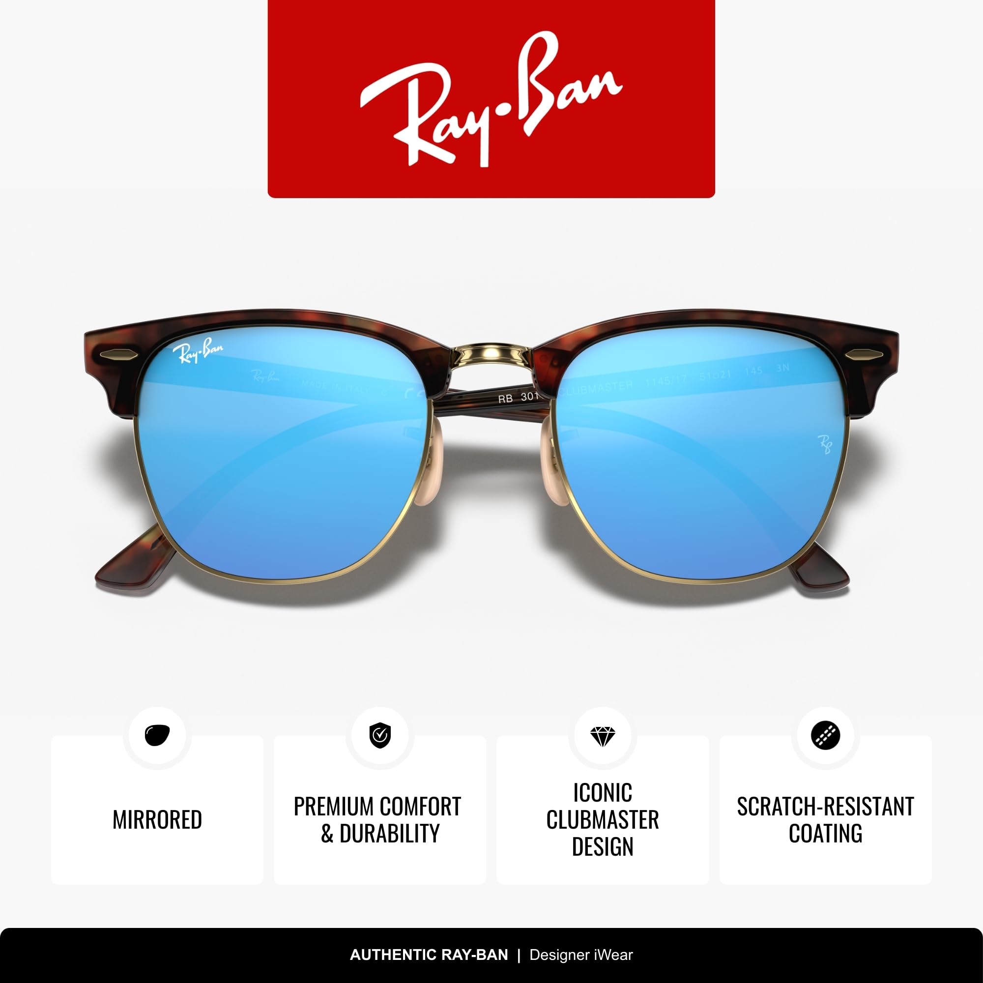 Ray-Ban RB3016 Clubmaster Classic Square Sunglasses for Men for Women