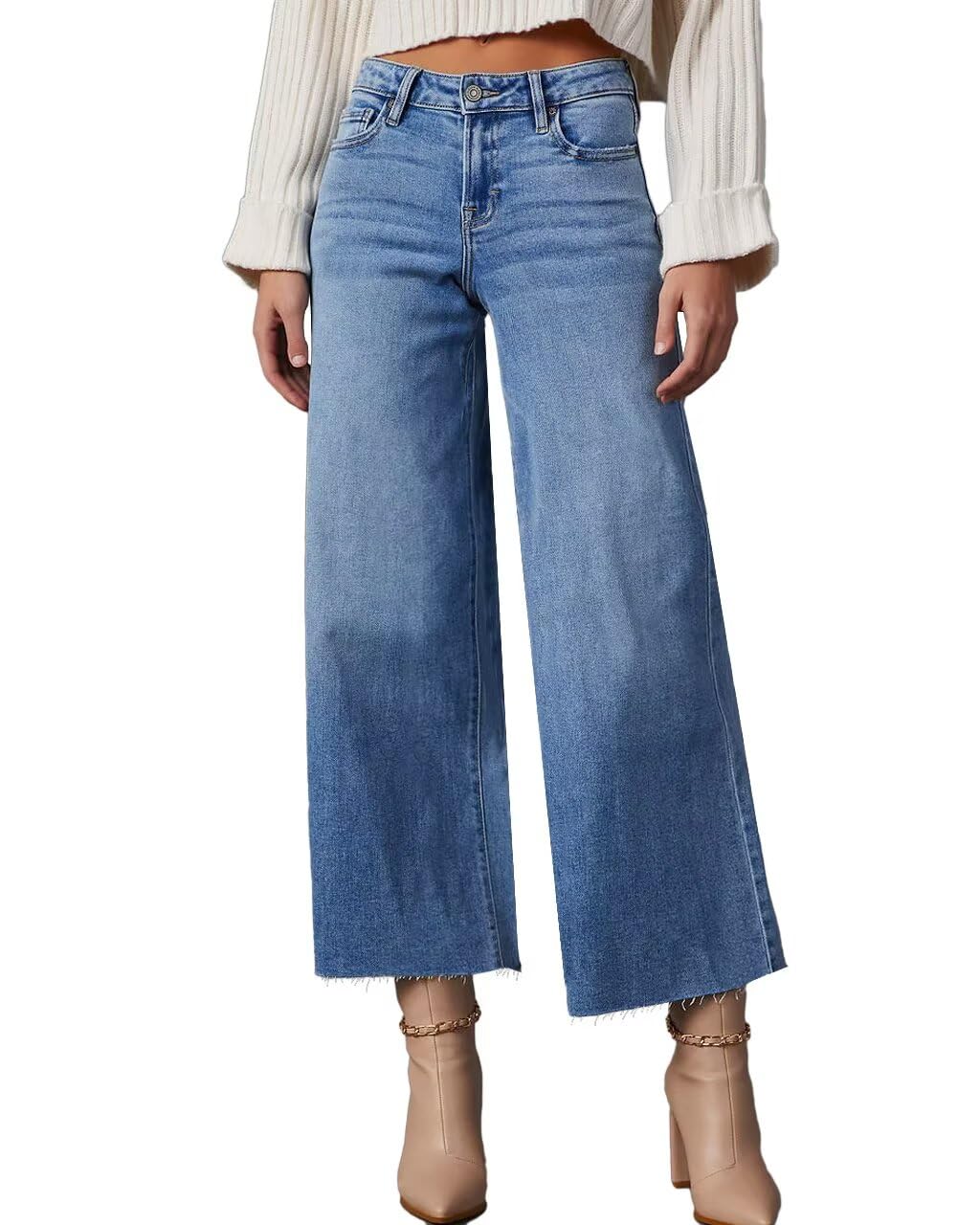 Allimy Women's High Waisted Straight Ankle Wide Leg Ripped Jeans Frayed Hem Stretchy Capri Denim Pants