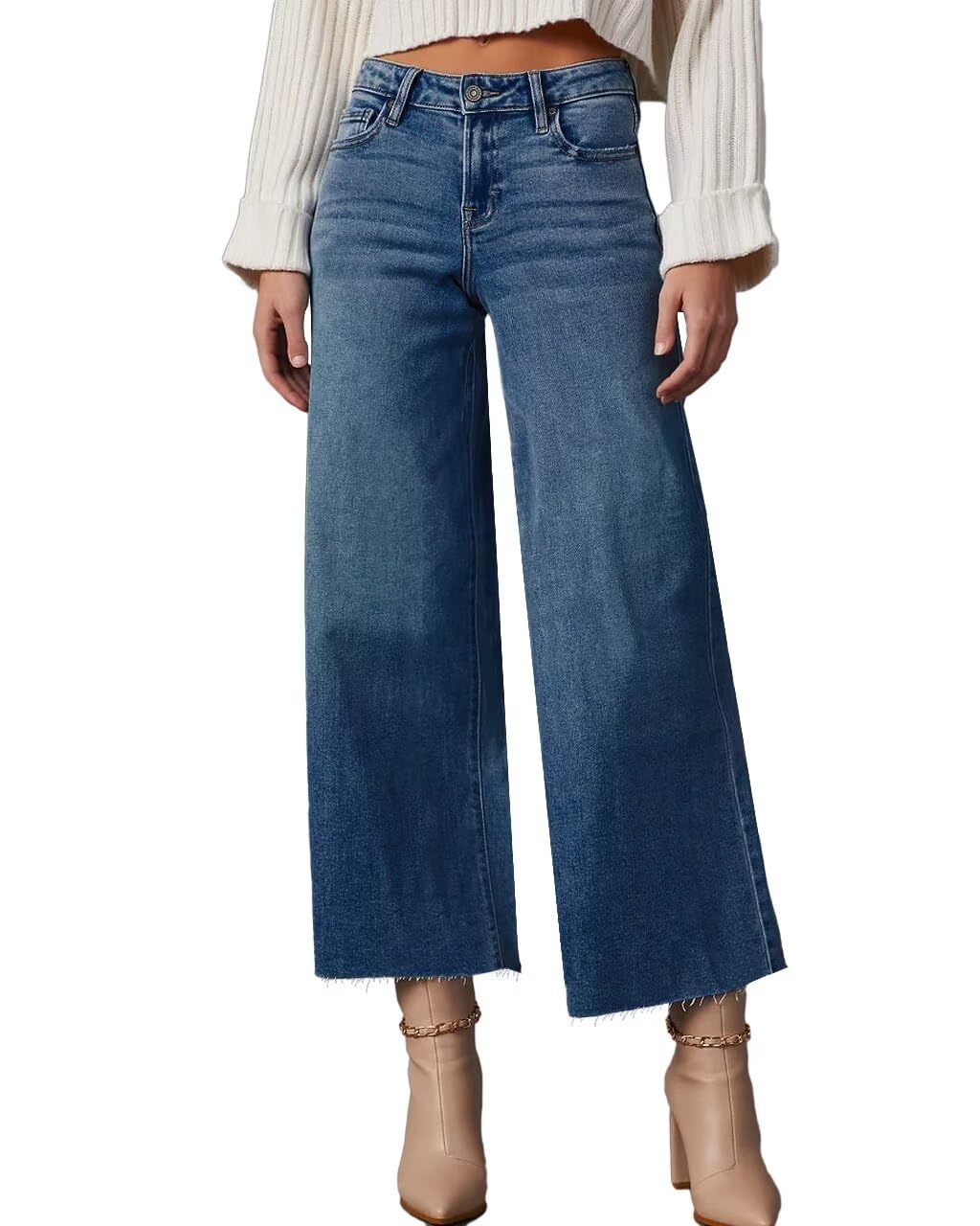 Allimy Women's High Waisted Straight Ankle Wide Leg Ripped Jeans Frayed Hem Stretchy Capri Denim Pants